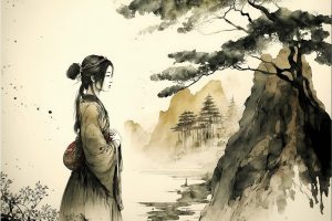 Traditional chinese ink wash painting, black and white.