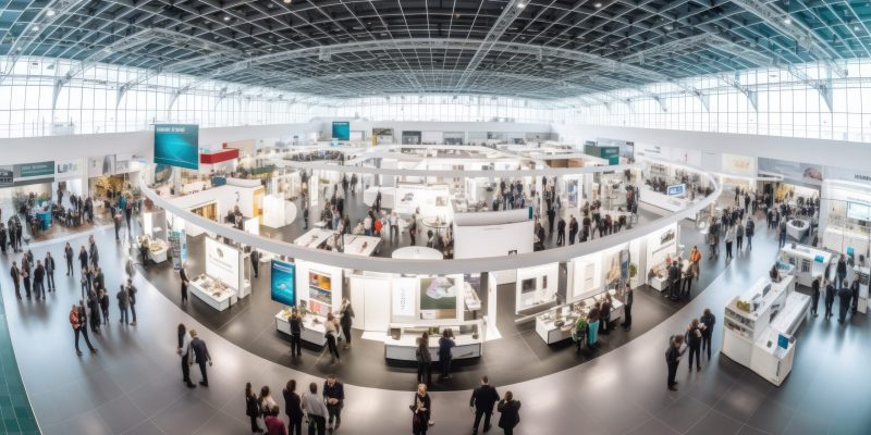 trade fair expo trade show booth international business  convention event showcase center with large scale crowd of people gathering to see product and service display, background banner